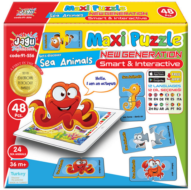 Puzzle-uri bulgărești cu animale marine, vorbitoare și narative, pentru cei mici, cu dimensiuni 10x5, total 48 de piese, 24 de modele a câte 2 piese, cu realitate augmentată 20x17x4, în 16 limbi, din spumă EVA