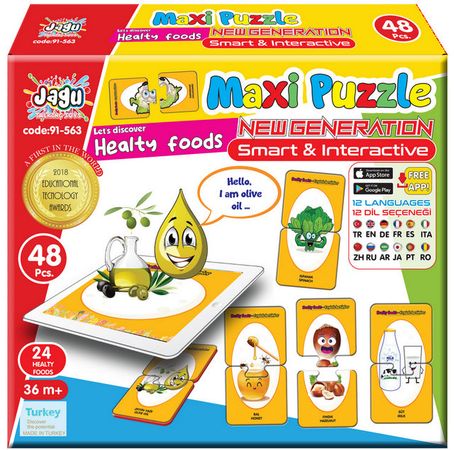 Puzzle-uri cu mesaje despre alimente sănătoase și pentru cei mici, cu dimensiuni 10x5, total 48 de piese, 24 de modele a câte 2 piese, cu realitate augmentată 20x17x4, în 16 limbi, din spumă Eva.