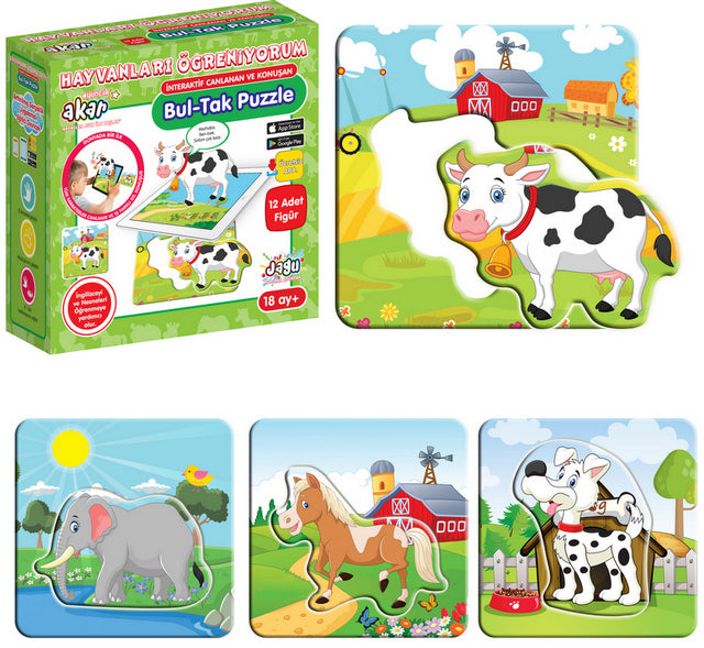 Joc de sortare puzzle-uri cu animale potrivite, vorbind și povestind în bulgară, 24 de modele elective, 12 x 12, cu realitate adăugată în 16 limbi, din spumă EVA, 12 x 5 x 12