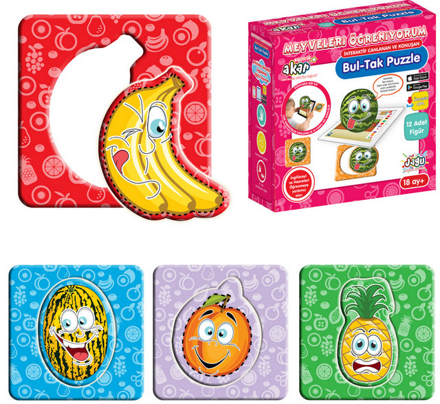 Vorbire și povestire în bulgară, sortator de puzzle-uri, găsește potrivirea fructelor, 24 el., 12 modele cu dimensiuni 12x12, cu realitate augmentată în 16 limbi, din spumă EVA 12x5x12