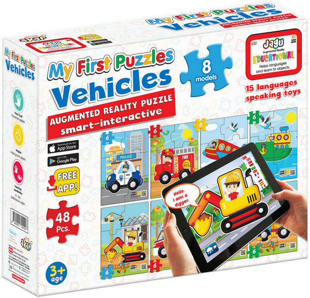 Puzzle-uri cu vehicule pentru cei mai mici, vorbind și povestind în limba bulgară, cu dimensiuni de 13x55, total 48 de unități electrice. 8 modele cu realitate augmentată de 26x21x7, în 16 limbi, din spumă EVA.