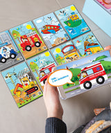 Puzzle-uri cu vehicule pentru cei mai mici, vorbind și povestind în limba bulgară, cu dimensiuni de 13x55, total 48 de unități electrice. 8 modele cu realitate augmentată de 26x21x7, în 16 limbi, din spumă EVA.