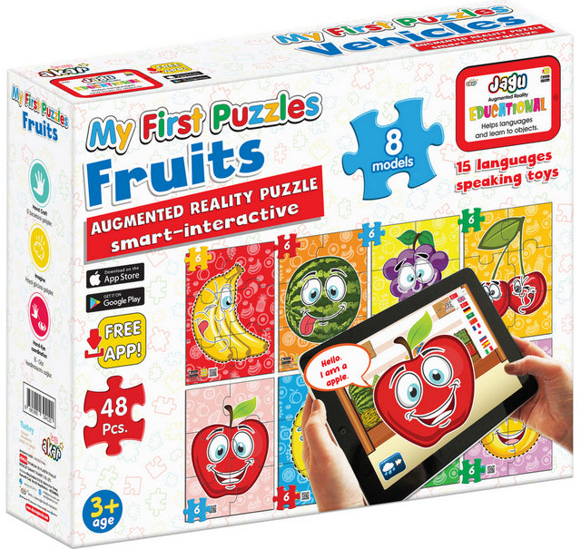 Puzzle-uri cu fructe și cuvinte în limba bulgară pentru cei mici, 6 piese cu dimensiuni 13x55, total 48 de piese, 8 modele cu realitate augmentată 26x21x7 în 16 limbi din spumă EVA