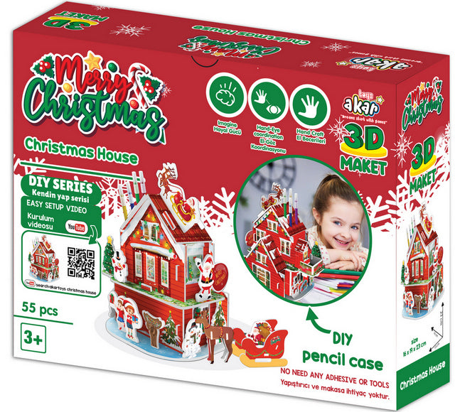 Puzzle 3D Căsuță de Crăciun cu sanie și brad de Crăciun și suport pentru substanțe chimice 25x19x16 ambalaj 26x21x7