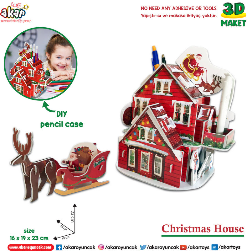 Puzzle 3D Căsuță de Crăciun cu sanie și brad de Crăciun și suport pentru substanțe chimice 25x19x16 ambalaj 26x21x7