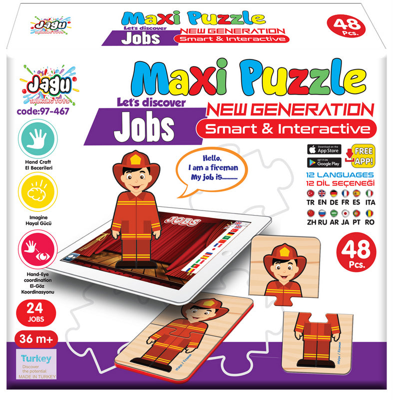 Puzzle-uri cu profesii, vorbind și povestind în limba bulgară, cu dimensiuni 10x5, total 48 de piese, 24 de profesii, 2 piese, cu realitate augmentată 20x17x4, în 16 limbi, din spumă EVA