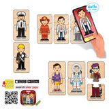 Puzzle-uri cu profesii, vorbind și povestind în limba bulgară, cu dimensiuni 10x5, total 48 de piese, 24 de profesii, 2 piese, cu realitate augmentată 20x17x4, în 16 limbi, din spumă EVA