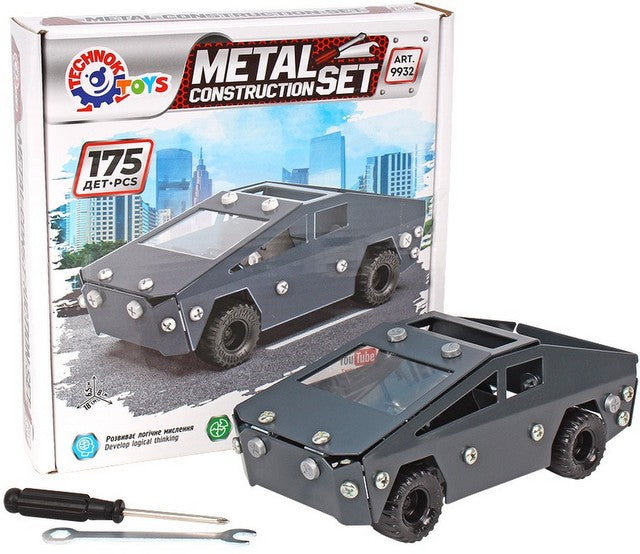 Constructor metalic 19x19x4 cu șuruburi, piulițe, unelte și anvelope pentru a face o mașină futuristă, 175 de piese cu asistență pe YouTube