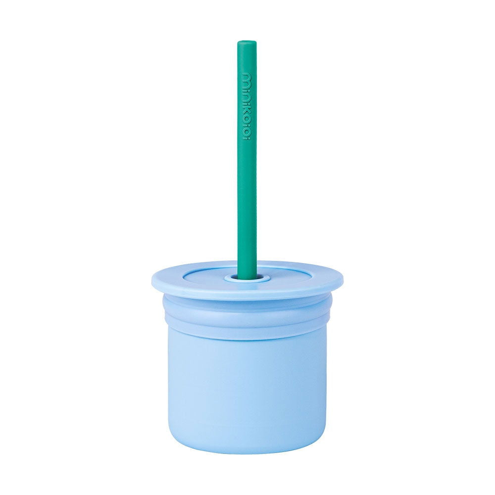 Minikoioi Sip+Snack Силиконов Комплект Сламка И Чаша С 2 Капака - Син/Aqua Зелен --- BebeMama