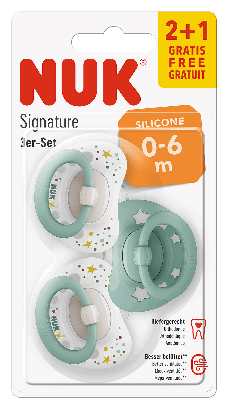 Nuk Биберон Залъгалка Силикон 0-6 Мес. 2+1 Бр. Signature - Бял/Зелен --- BebeMama