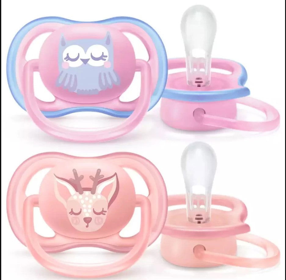 Philips Avent Залъгалки - Ultra Air + Стерил. Кутия (0-6М) Момиче_X000D_ Декор Елен/Бухал --- BebeMama