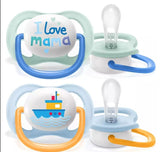 Philips Avent Залъгалки - Ultra Air Happy + Стерил. Кутия (0-6М) Момче Надпис/Лодка --- BebeMama