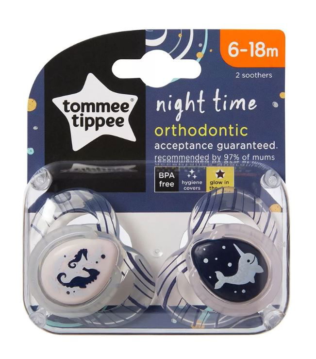 Tommee Tippee Ортодонтични Залъгалки - Night 6- 18М (2 Бр./Оп.) М.Конче/Нарвал --- BebeMama