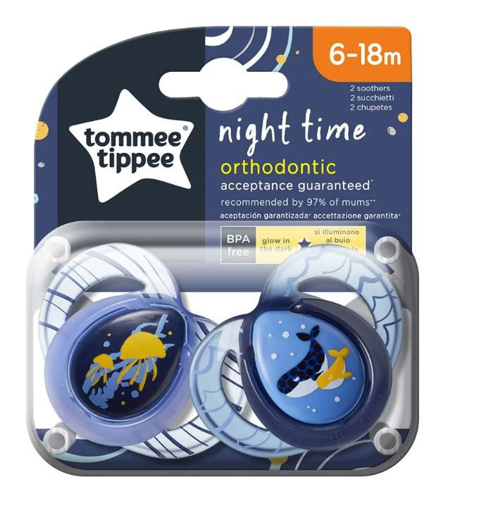 Tommee Tippee Ортодонтични Залъгалки - Night 6- 18М (2 Бр./Оп.) Медуза/Кит --- BebeMama