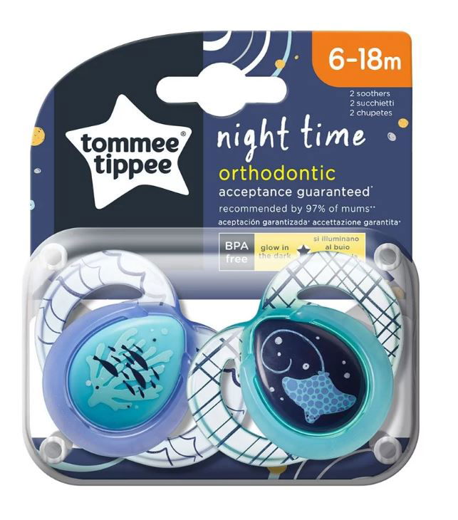 Tommee Tippee Ортодонтични Залъгалки - Night 6- 18М (2 Бр./Оп.) Риба/Котка --- BebeMama