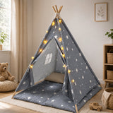 Детска Памучна Палатка Little Stars, Типи, Сива Със Звезди, 100% Памук, С Мека Подложка С Пълнеж, Възглавница И Led Лампички, 120x120x160 См Ginger Home