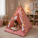 Детска Памучна Палатка Little Stars, Типи, Розова Със Звезди, 100% Памук, С Мека Подложка С Пълнеж, Възглавница И Led Лампички, 120x120x160 См Ginger Home