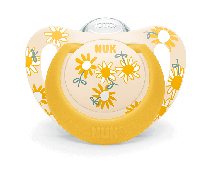 Nuk Биберон Залъгалка Силикон 18-36Мес. 1Бр. Star + Box - Жълта С Цветя -  -  - BebeMama