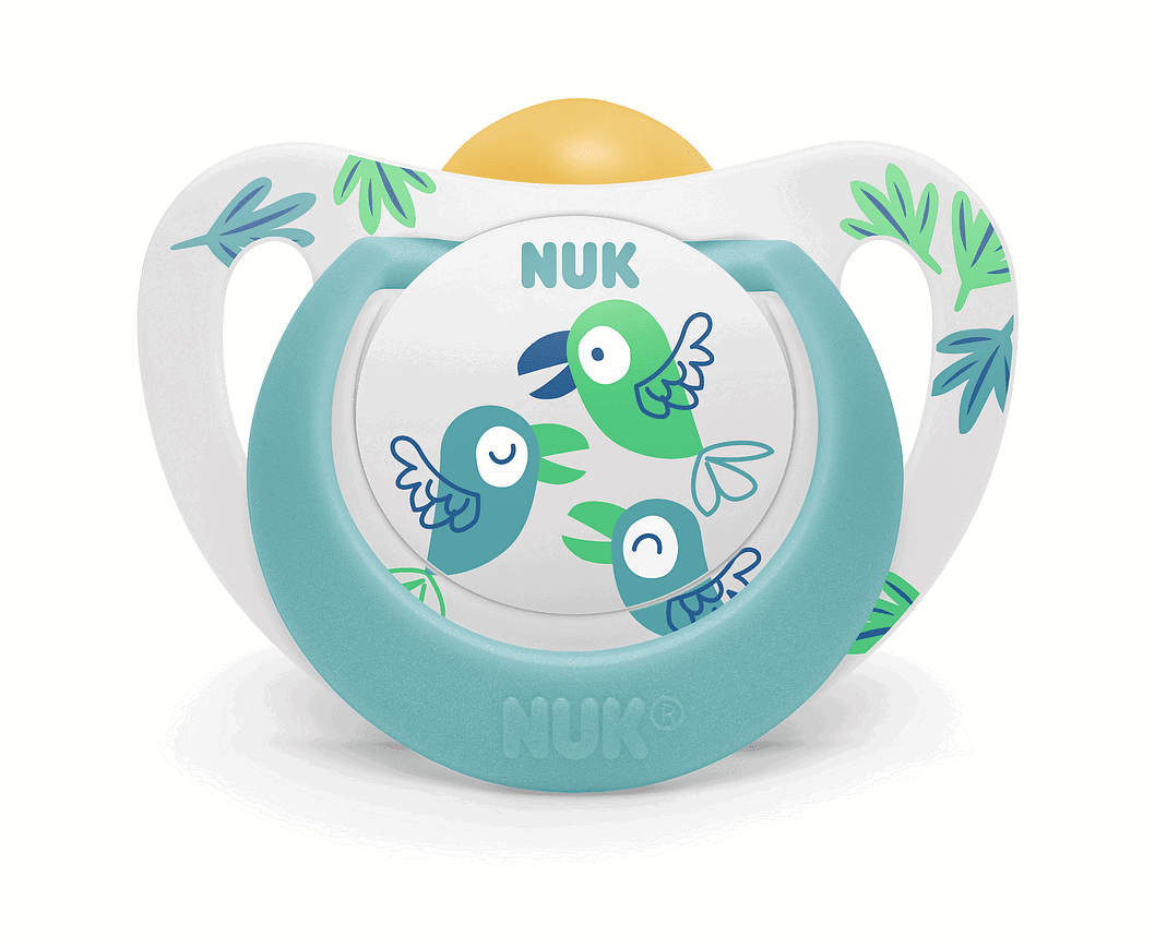 Nuk Биберон Залъгалка Каучук 6-18Мес. 1Бр. Star + Box - Синя С Птички --- BebeMama