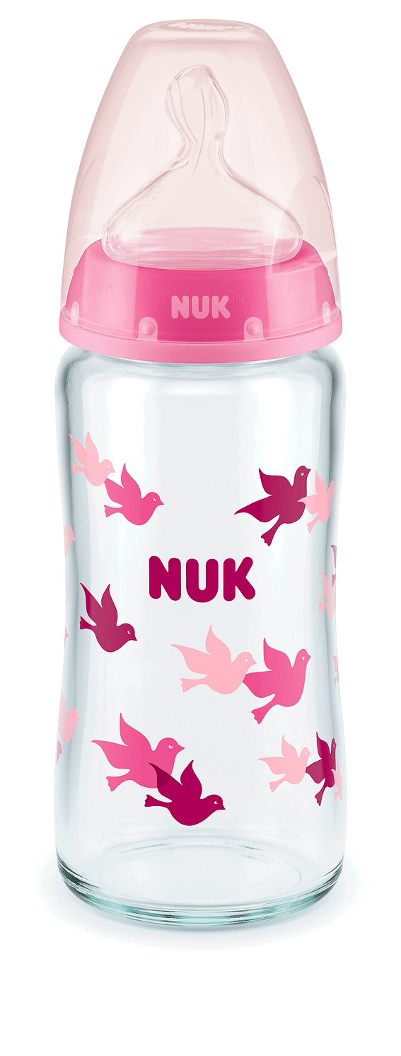 Nuk First Choice Стъклено Шише Temperature Control 240Мл. Със Силиконов Биберон За Хранене 0-6Мес. - Розов --- BebeMama