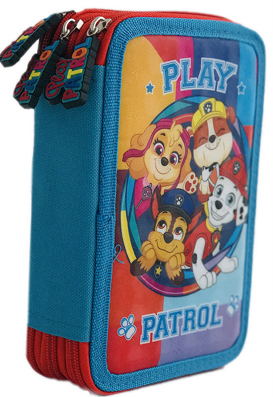Geantă de toaletă Patrula Cățelușilor 21 x 14 x 7 cu 3 fermoare cu 3 compartimente cu spații pentru 42 de pixuri și creioane, 3 spații pentru o linie, o ascuțitoare și o radieră etc.