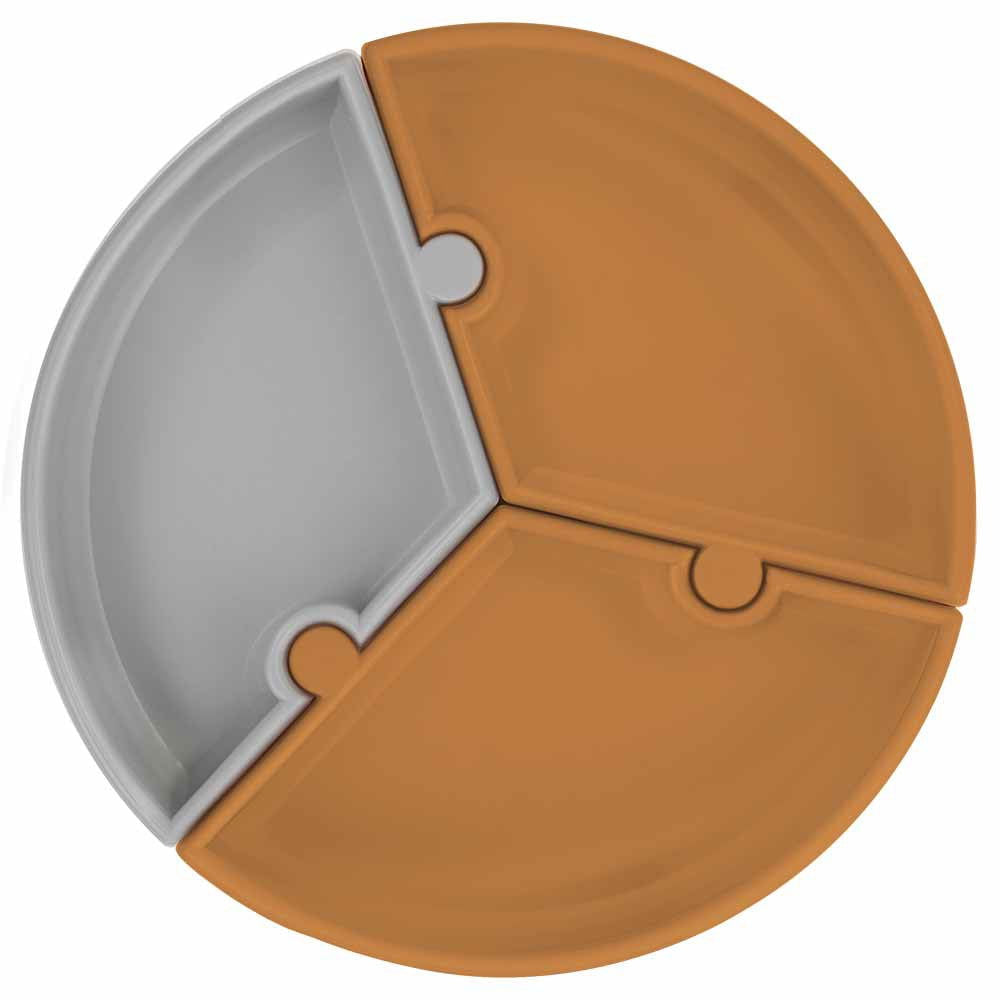 Minikoioi Puzzle Силиконова Чиния С Вакуум - 3 Части - Brown/Powder Grey --- BebeMama