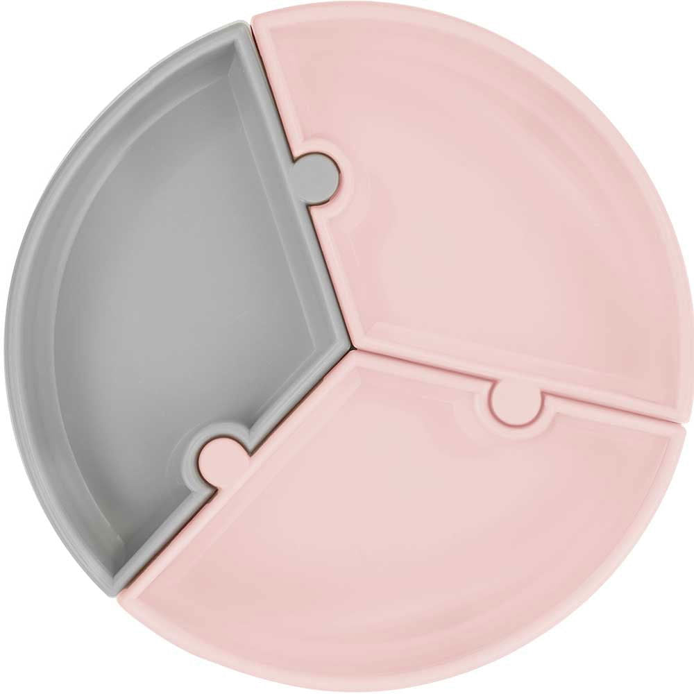 Minikoioi Puzzle Силиконова Чиния С Вакуум - 3 Части - Pinky Pink/Powder Grey --- BebeMama