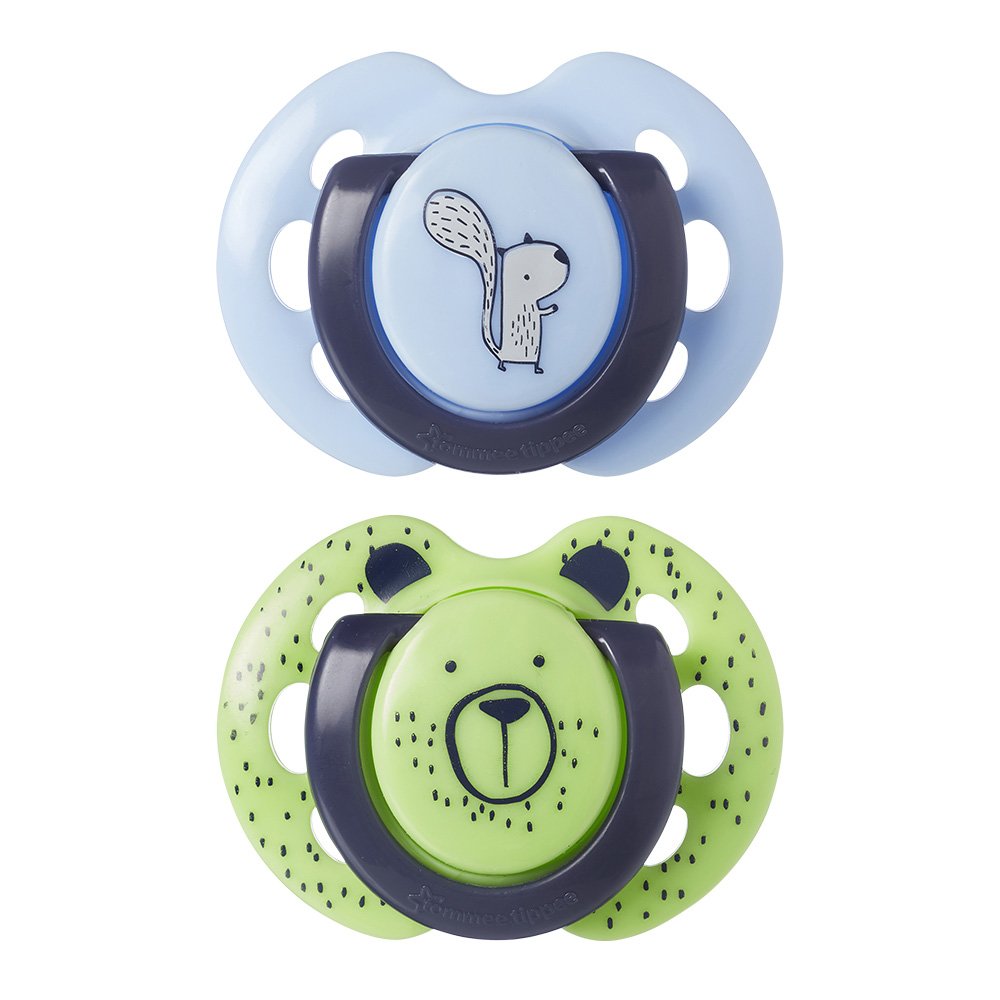 Suzete ortodontice Tommee Tippee Fun Friends, 0-6 luni, ursuleț de pluș/veveriță albastră + cutie de sterilizare