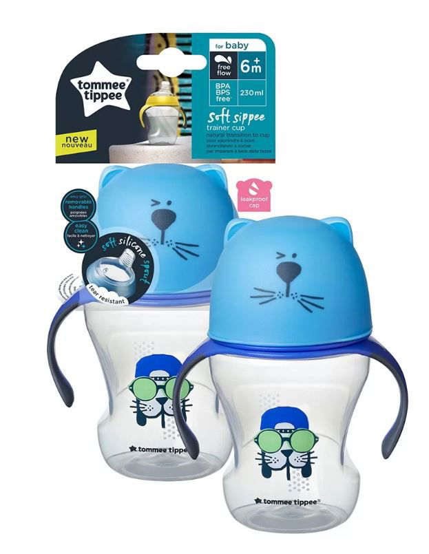 Tommee Tippee Преходна Чаша С Мек Силиконов Накрайник И Дръжка Коте Синя 230Мл 6М+ --- BebeMama