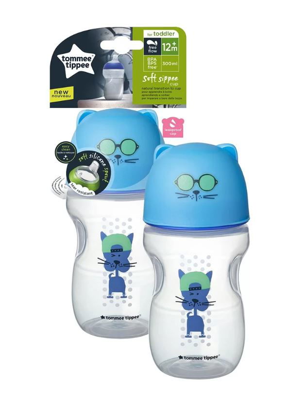 Tommee Tippee Преходна Чаша С Мек Силиконов Накрайник Коте Синя 300Мл 12М+ --- BebeMama