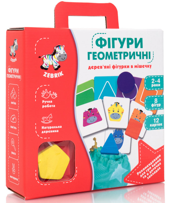 Joc educativ cu figurine din lemn, figurine geometrice într-o pungă 22x6x25