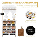 Magazin și teatru pentru copii din lemn 2 în 1 Ginger Home, pentru jocuri de rol, cu casă de marcat, terminal POS și scaner cu sunet, jucării și accesorii, 45x24x97,5 cm, pentru copii peste 3 ani