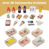 Magazin și teatru pentru copii din lemn 2 în 1 Ginger Home, pentru jocuri de rol, cu casă de marcat, terminal POS și scaner cu sunet, jucării și accesorii, 45x24x97,5 cm, pentru copii peste 3 ani