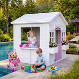 Детска Дървена Къщичка За Игра Градинска Къща С Прозорци И Саксии, Бяла, 123×106×125 См Ginger Home