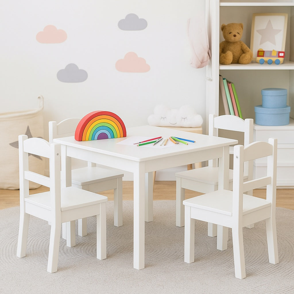 Детска Маса С 4 Столчета Дървен Комплект За Игра И Учение, Бял, 66x56x48 См Ginger Home