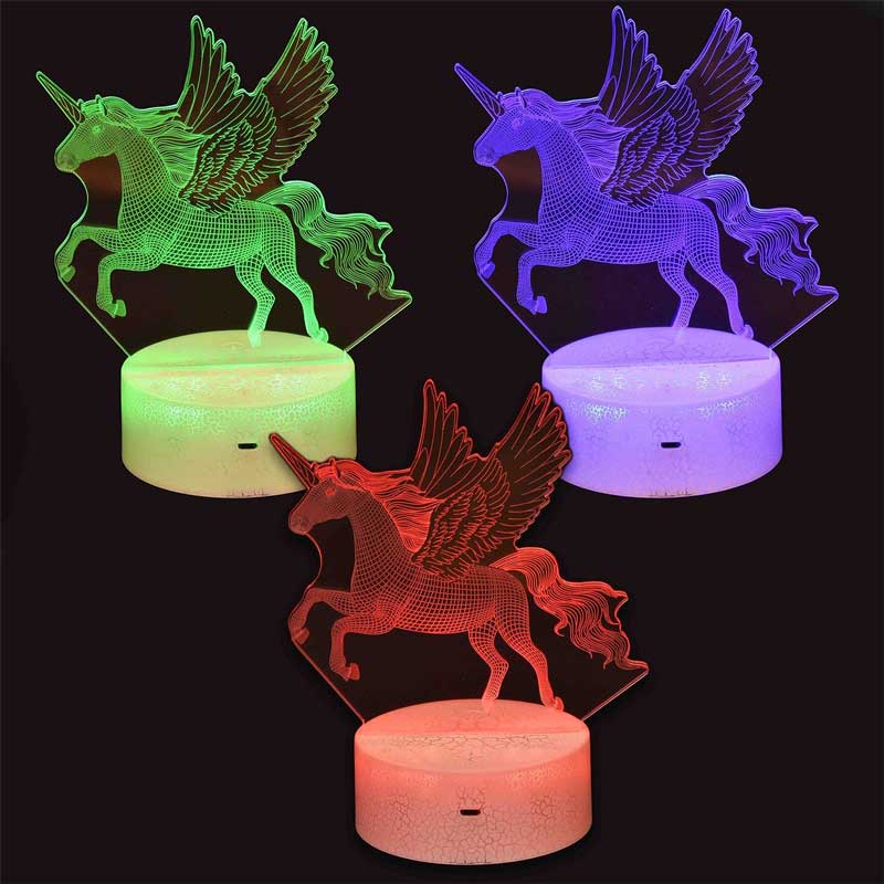 Lampă de noapte LED 3D pentru copii, unicorn înaripat, culori schimbătoare, 20 cm