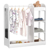 Ginger Home Suport pentru haine pentru copii cu oglindă - Dulap deschis pentru copii cu rafturi și umerașe, alb, 94x38x100 cm