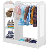 Ginger Home Suport pentru haine pentru copii cu oglindă - Dulap deschis pentru copii cu rafturi și umerașe, alb, 94x38x100 cm