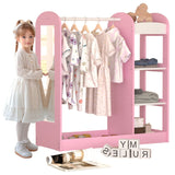 Ginger Home Suport pentru haine pentru copii cu oglindă - Dulap deschis pentru copii cu rafturi și umerașe, roz, 94x38x100 cm