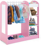 Ginger Home Suport pentru haine pentru copii cu oglindă - Dulap deschis pentru copii cu rafturi și umerașe, roz, 94x38x100 cm