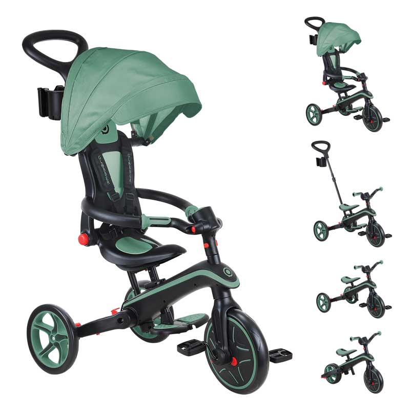 Tricicletă pentru copii 4 în 1 Globber Explorer Trike pliabilă, culoare măsliniu