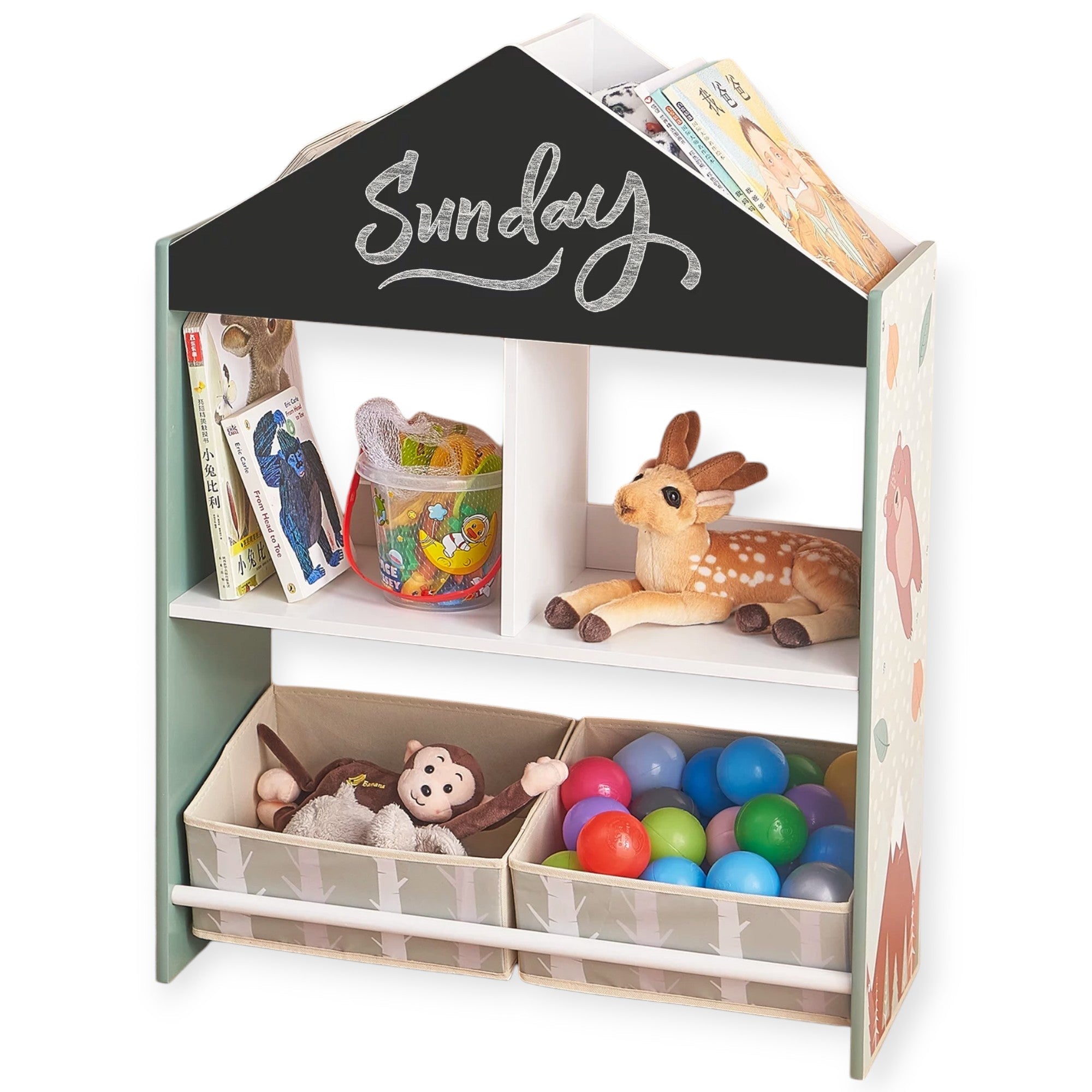 Dulap pentru copii de calitate Ginger Home, raft de cărți cu jucării și cărți cu ursuleț de pluș, tablă neagră pentru scris, căsuță în pădure