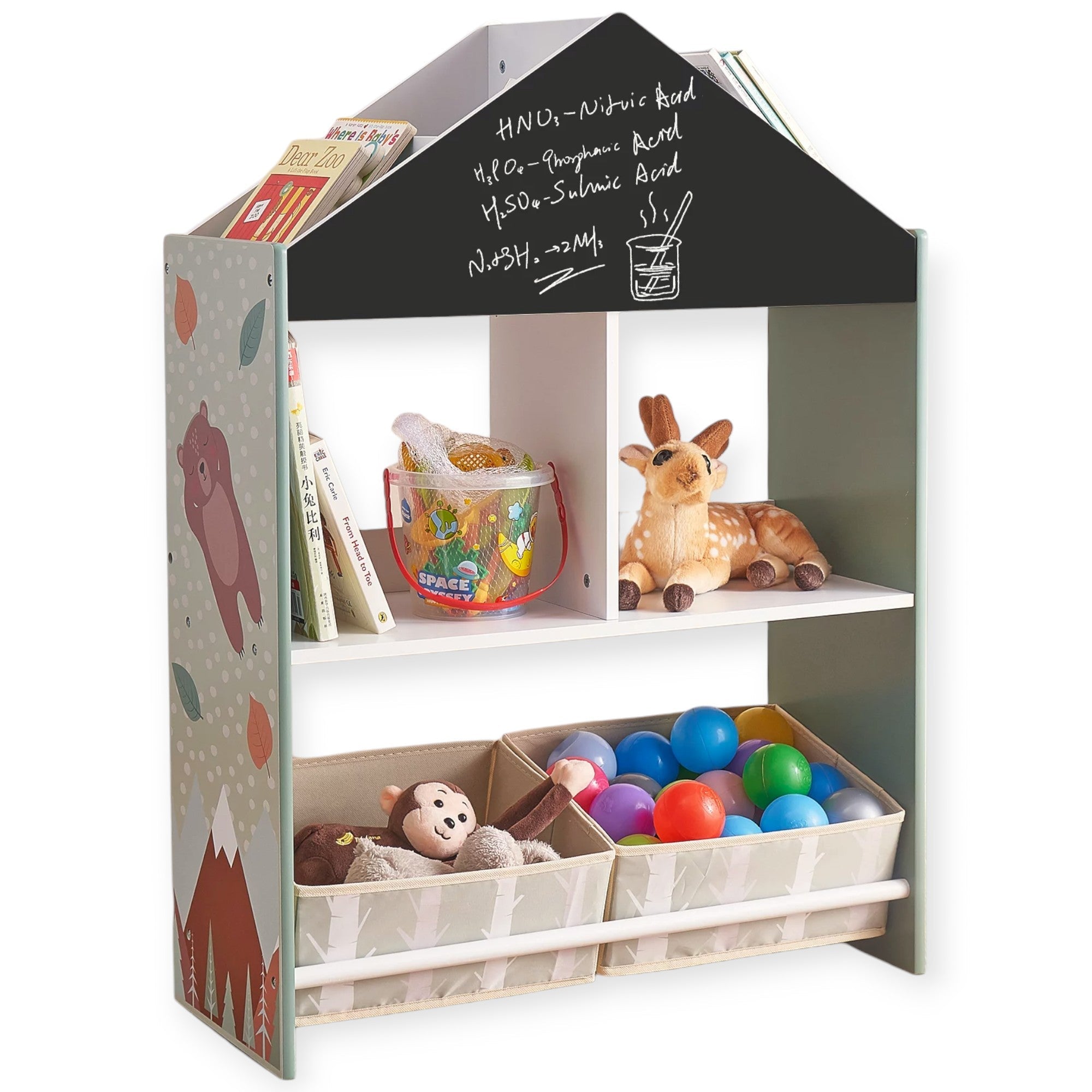 Dulap pentru copii de calitate Ginger Home, raft de cărți cu jucării și cărți cu ursuleț de pluș, tablă neagră pentru scris, căsuță în pădure