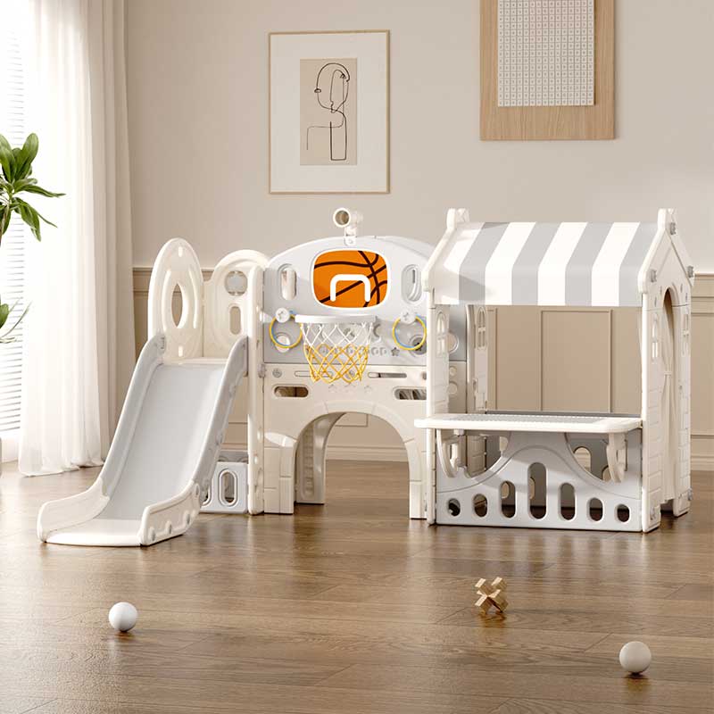 Детски Център За Игра С Пързалка, Къща И Баскетболен Кош, Сив Feelkids