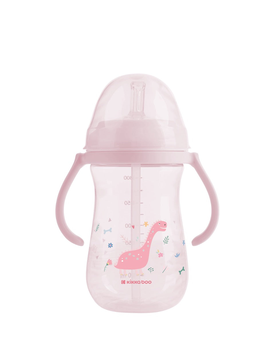 Cana cu pai din silicon 300ml Dino World roz 