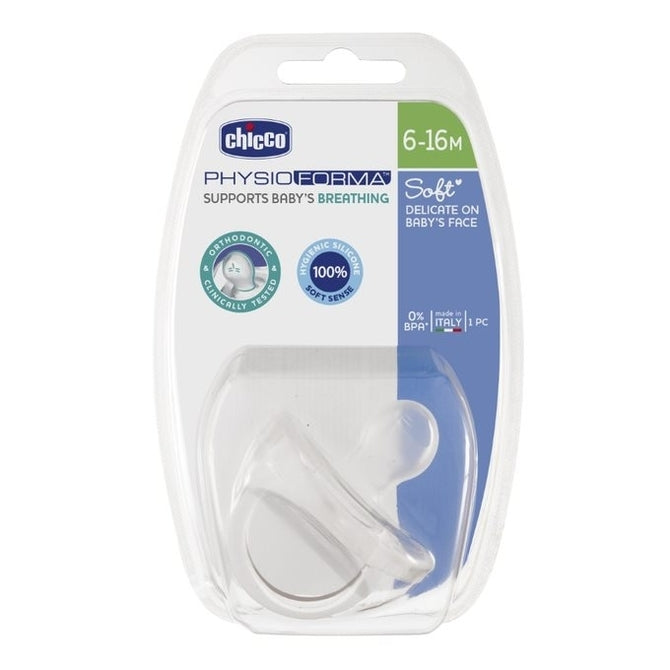 Залъгалка Chicco Physio Soft, Силикон, Ортодонтична Форма, 6-16 Месеца, Бяла --- BebeMama