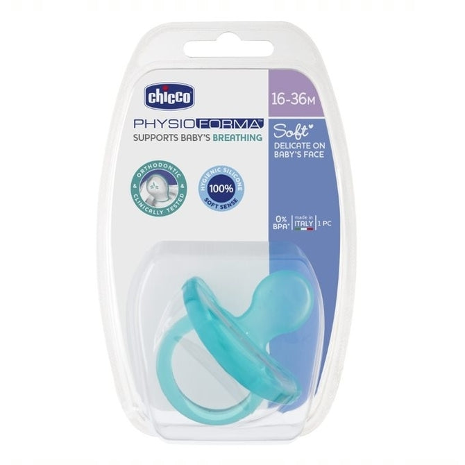 Залъгалка Chicco Physio Soft, Силикон, Ортодонтична Форма, 16-36 Месеца, Синя --- BebeMama