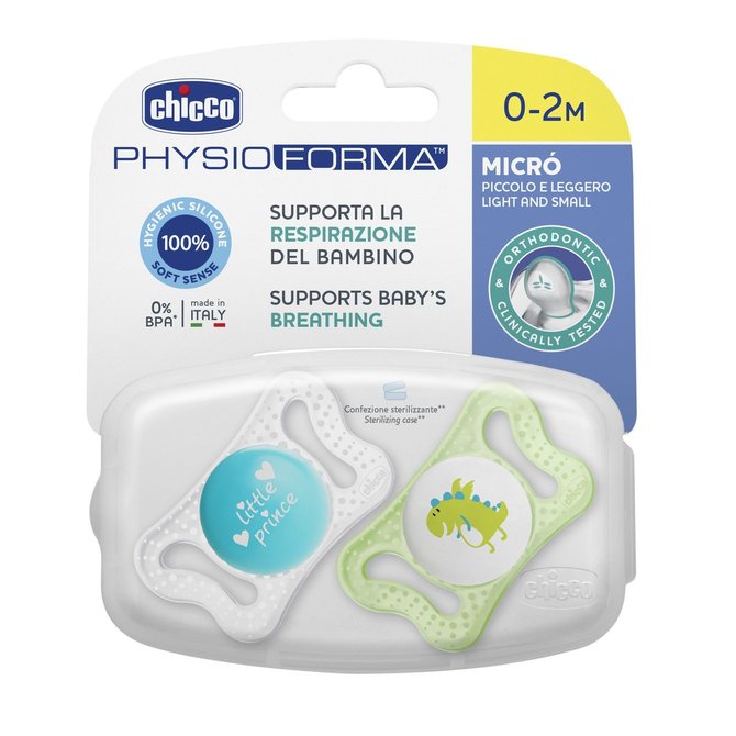 Залъгалка Chicco Physio Micro, Силикон, Ортодонтична Форма, 0-2 Месеца, 2 Бр, Синя --- BebeMama
