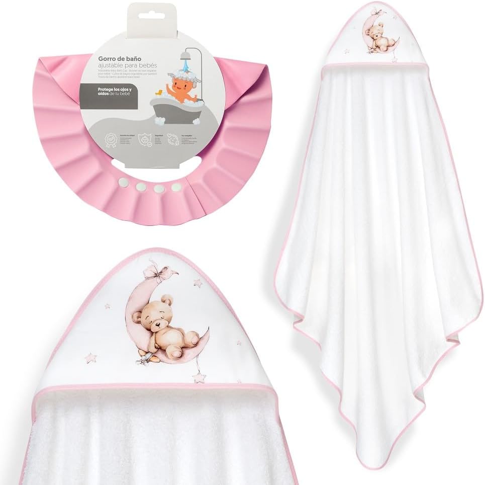 Комплект Бебешка Хавлия 100x100 См. + Козирка Oso Luna Estrellas White Pink Interbaby