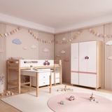 Комплект Детска Стая Cherry С Комбинирано Легло 90x200 См, Бюро, Скрин, Шкаф И Трикрилен Гардероб, Бяло, Розово И Натурално Дърво Ginger Home